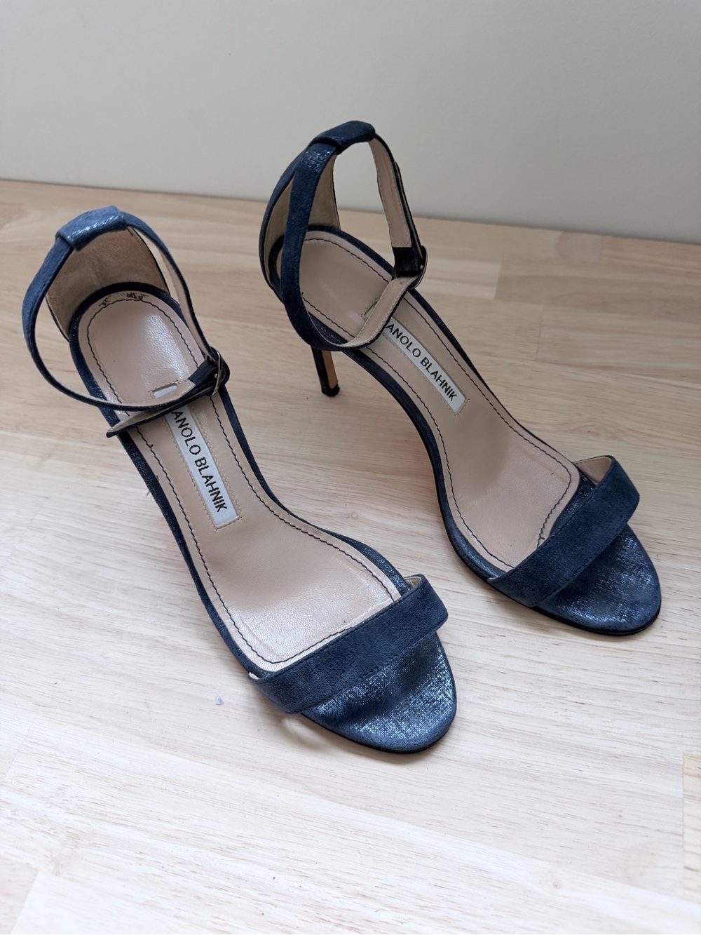 Manolo Blahnik Metallic Navy Ankle Strap Sandals Heels 36.5 | Minimalist Luxury